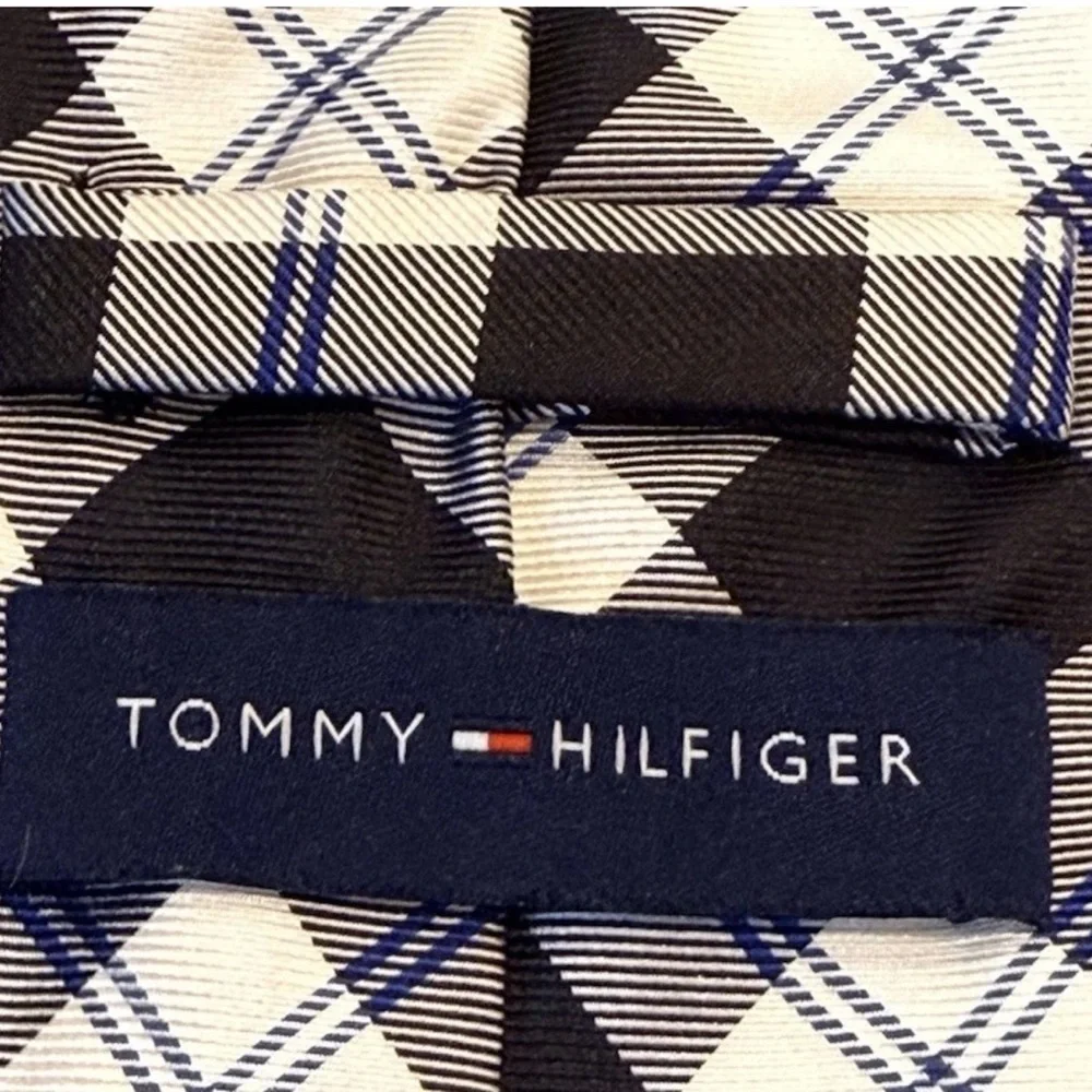 Tommy Hilfiger Silk Necktie Black White Blue Plaid Check Preppy